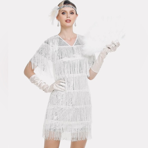 SILVER & WHITE Fringe Elegant & Fancy Dress. A Party Dress & A Costume Gown - Picture 2 of 8